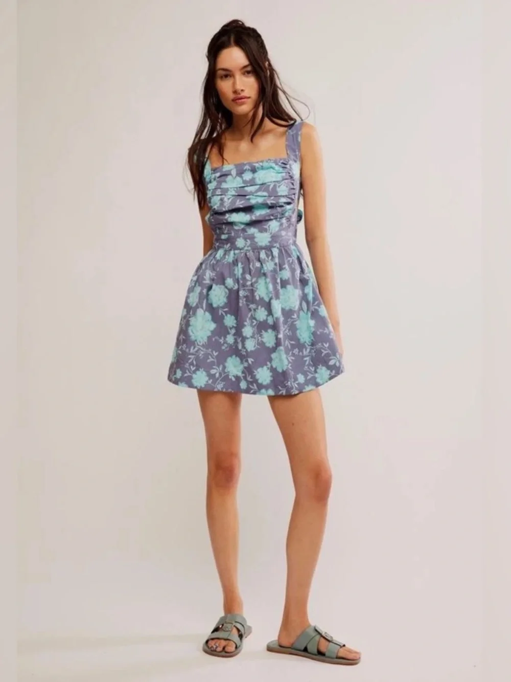Free People Meet Me In Maui Cutout Sundress Minidress in Floral Lavender Blue - Picture 4 of 5